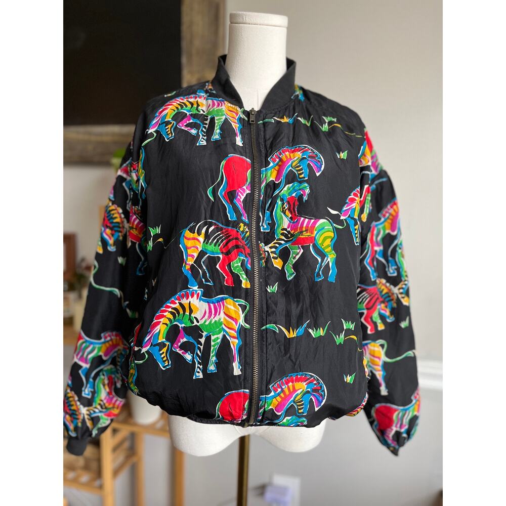 Vintage 90s Silk Bomber Jacket Rainbow Zebras Wearable Art Size Medium